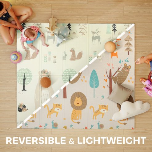 AIYAPLAY Baby Play Mat Double Sided, Foldable & Reversible Activity Playmat, Waterproof Kids Foam Crawling Mat for Outdoor Indoor Playtime Picnics, 196 x 176 x 1.5cm, Animal Theme