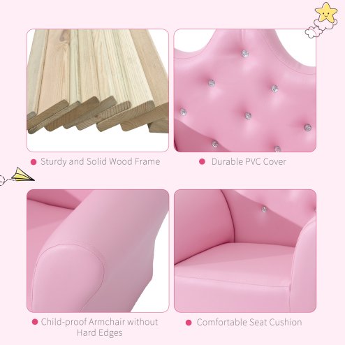 HOMCOM Kids Armchair Toddler Chair Sofa Set with Free Footstool Pink