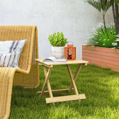 Outsunny Fir Wood Folding Coffee Table, Lightweight Small Garden Table with Slatted Top, Portable Folding Side Table for Balcony Deck Patio Terrace, Nature Wood Finish