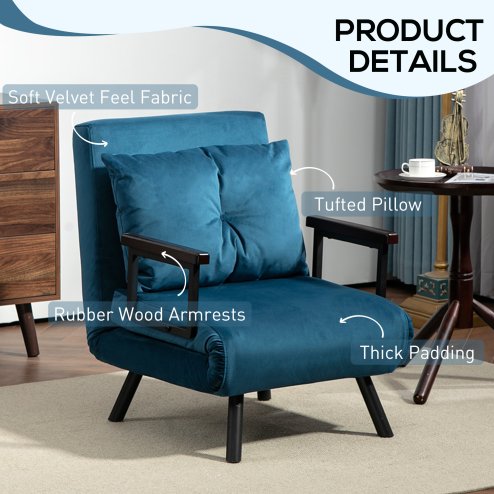 HOMCOM Single Chair Bed, Click Clack Convertible Bed Settee, Modern Velvet Feel Fabric Chair Couch with 1 Tufted Cushion, Wood Armrests, for Living Room, Bedroom, Guest Room