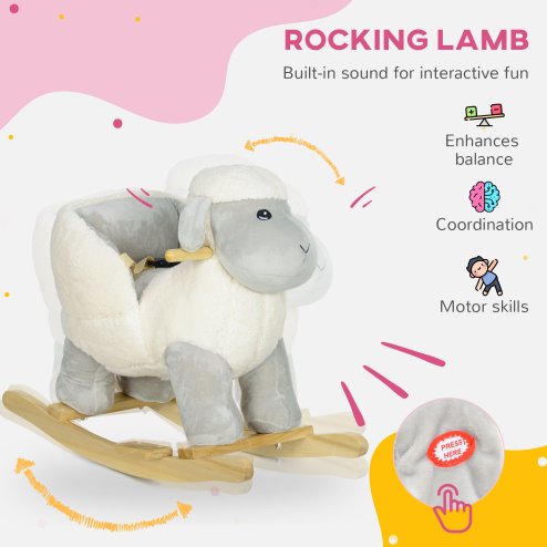 AIYAPLAY Rocking Horse, Kids Ride on Horse, Rocking Animal, Plush Ride on Lamb with Safety Belt, Sound, for Ages 18-36 Months, Grey