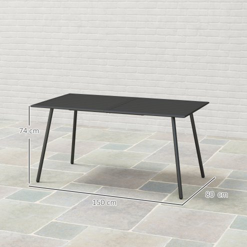 Outsunny Garden Dining Table for 6 Person, Rectangle Outdoor Table with Easy Clean Slat Top, Rust Resistant Steel Frame, for Terrace, Balcony, 150 x 80 x 74 cm, Black