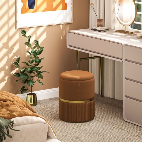 HOMCOM Round Storage Stool, Velvet-feel Fabric Upholstered Vanity Stool with Removable Top, Padded Seat and Hidden Space for Living Room, Bedroom