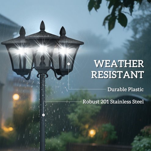 Outsunny 1.8m Traditional Victorian Style 3 Way Head Outdoor Garden Solar Post Lamp Sensor Dimmable LED Lantern Bollard Pathway IP44 - Black