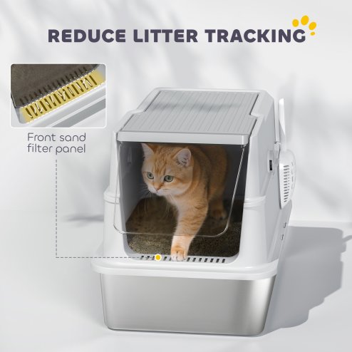 PawHut Stainless Steel Cat Litter Tray, Extra Large Enclosed Litter Box for Large Cats with Scoop, Flip Top, Easy Cleaning, Light Grey