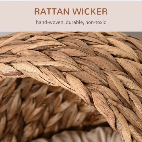 PawHut Wicker Cat House, Raised Cat Bed with Cylindrical Base, Soft Washable Cushion, Woven Water Hyacinth Cat Basket for Indoor and Outdoor, 42 x 33 x 52 cm - Brown
