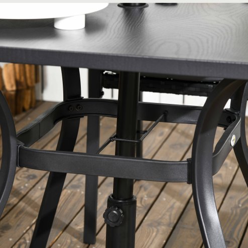 Outsunny 4 Seater Rattan Dining Set with Cushions, Wood Effect Metal Top Table with Umbrella Hole, PE Rattan Garden Furniture Set, Outdoor Dining Table and Chairs for Patio, Balcony, Lawn, Black