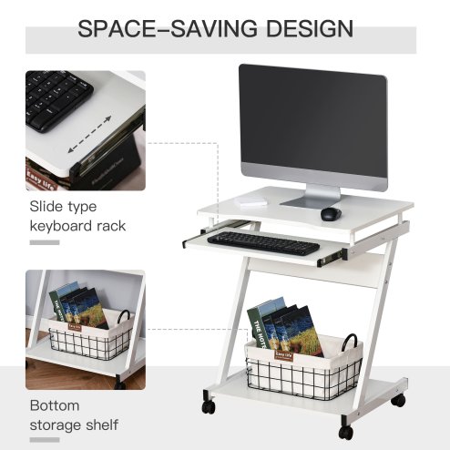 HOMCOM Movable Computer Desk with 4 Moving Wheels Sliding Keyboard Tray Home Office Workstation 