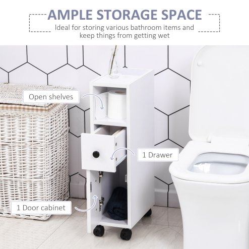 kleankin Slimline Bathroom Storage Unit w/ 2 Drawers 2 Open Compartments Wheels Handles Freestanding Compact Home Office Furniture 