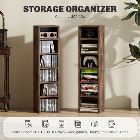 HOMCOM 204 CD Media Display Shelf Unit Set of 2 Blu-Ray Tower Rack w/ Adjustable Shelves Bookcase Storage Organiser, Rustic Brown