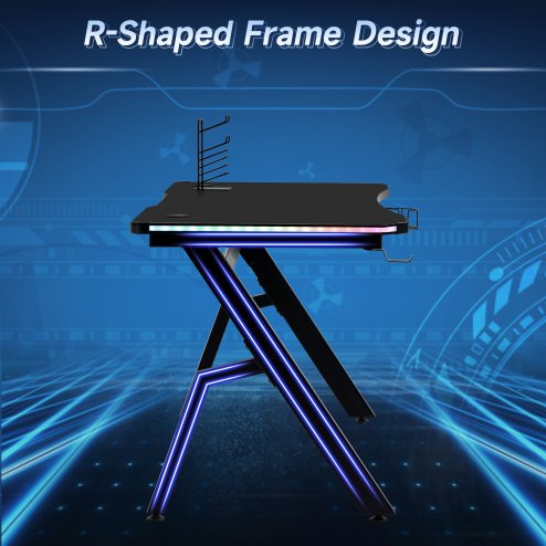 HOMCOM RGB 120 x 66cm Gaming Desk, Computer Table with Carbon Fibre Surface, Headphone Hook, Cup Holder, Controller Rack, Home Office Desk