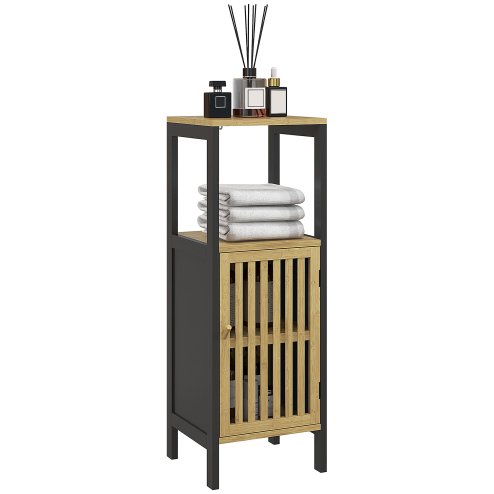 HOMCOM Slim Bathroom Storage Cabinet, Small Bamboo Bathroom Cabinet with Open Compartment and Adjustable Shelf