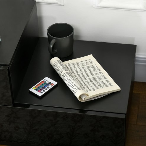 HOMCOM Bedside Table with LED Light, Nightstand with 2 Drawers and High Gloss Front, USB Powered Side Table with Remote for Bedroom, Living Room, Black