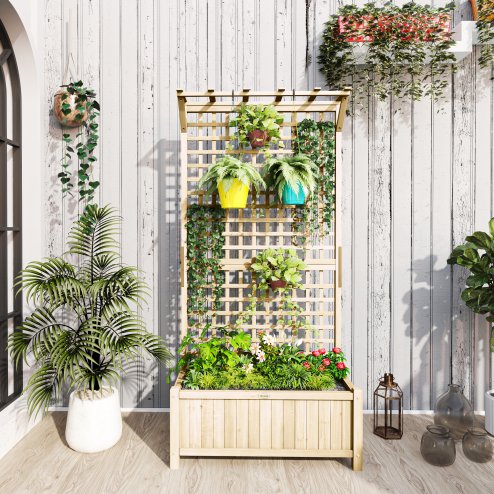 Outsunny Wood Planter with Trellis for Climbing Plants, Raised Bed, Planter Box with Drainage Holes to Grow Vegetables, Herbs and Flowers for Garden, Patio, Yard, Natural Wood Finish