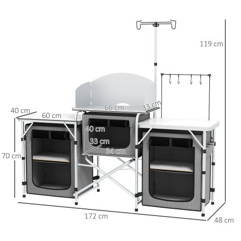 Outsunny Folding Camping Kitchen, Portable Aluminium Camping Table with 3 Fabric Cupboards, Windshield, Light Stand, Carrying Bag for BBQ, RV, Picnic, Grey
