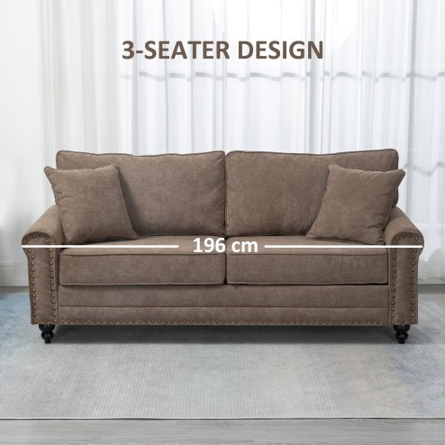 HOMCOM 3 Seater Sofa, Fabric Couch with Rubber Wood Legs, 3 Seater Settee with Extra Padded Cushions and Pillows for Living Room, 196W x 80.5D x 89H cm