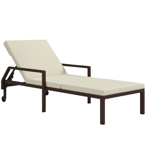 Outsunny Outdoor PE Rattan Sun Lounger, 5-Level Adjustable Backrest Wicker Outdoor Chaise Recliner, Garden Chair with 2 Wheels, Cream White
