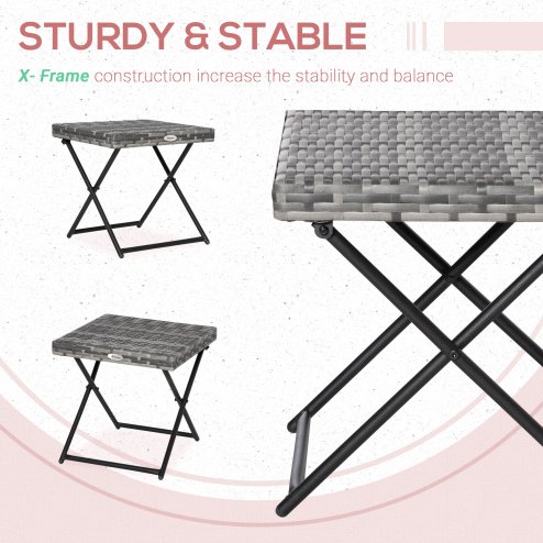 Outsunny Folding Rattan Garden Coffee Table, Small Square Outdoor Bistro Side Table with Rattan Top for Patio, Balcony, Porch, 40 x 40 x 40 cm, Grey