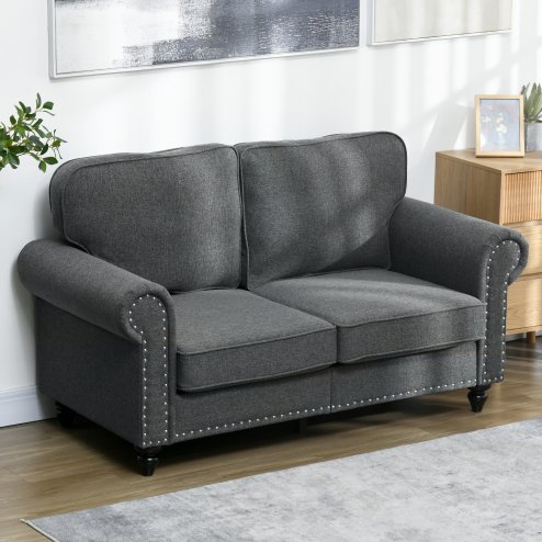 HOMCOM 2 Seater Sofa, Fabric Sofa Couch with Nailhead Trim Rolled Arm and Slatted Wood Frame, Upholstered Loveseat Settee for Living Room, Bedroom, Home Office