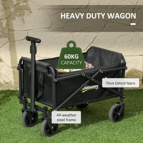 Outsunny 41L Festival Trolley on Wheels, Small Garden Folding Trolley Cart, 60kg Heavy Duty Collapsible Folding Wagon with Adjustable Handle and Carrying Bag for Beach, Camping, Festival, Black