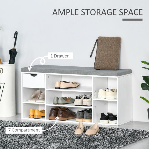 HOMCOM Shoe Bench with Seat Cushion Shoe Storage Cabinet with 7 Compartments Drawer Adjustable Shelves for Entryway Hallway Living Room
