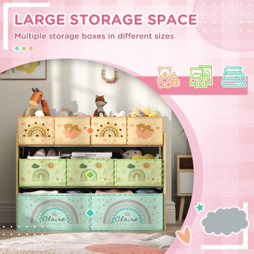 AIYAPLAY Kids Toy Storage Unit, 3-Tier Toy Organiser Shelf with 9 Non-Woven Fabric Boxes for Toys, Books, Dinosaur-Style Toy Storage Organiser for Bedroom, Nursery, Yellow