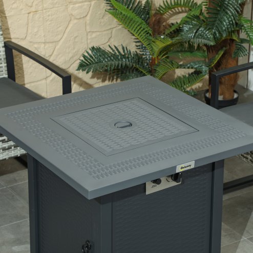 Outsunny Square Propane Gas Fire Pit Table, 40000 BTU Rattan Smokeless Firepit Patio Heater with Lava Rocks and Lid, 71cm x 71cm x 62cm, Dark Grey