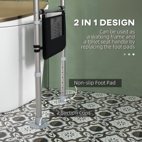 HOMCOM Free Standing Toilet Frame, Height and Width Adjustable Toilet Safety Frame with Arms, 2 Additional Suction Cups, Storage for Elderly, Disabled, Handrail Grab Bar, 136kg Weight Capacity