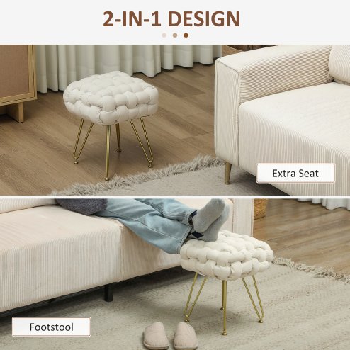 HOMCOM Square Foot Stool, Woven Footrest Ottoman with Metal Legs, Padded Makeup Vanity Stool, Velvet Dressing Table Seat for Bedroom