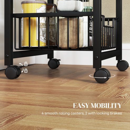 HOMCOM 3-Tier Kitchen Island on Wheels, Rolling Kitchen Storage Trolley with 3 Pull-Out Mesh Baskets, Mobile Utility Serving Cart, Light Grey