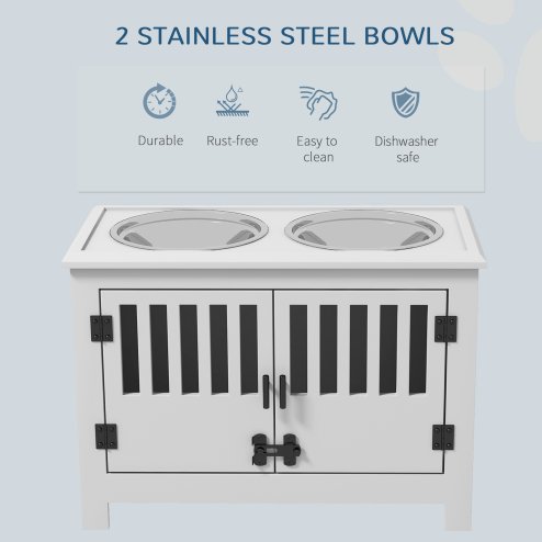PawHut Raised Dog Bowls for Large Dogs, Pet Feeding Station, Doors with Latch, Storage Cabinet, Two Stainless Steel Bowls - White