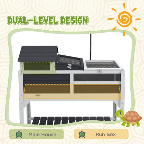 PawHut Tortoise House, 2 Layers Wooden Tortoise Enclosure with Adjustable Lamp Holder, Tortoise Table with Openable Lid, Removable Main House, Storage Shelf, Run Box, Fixed Tray - Grey