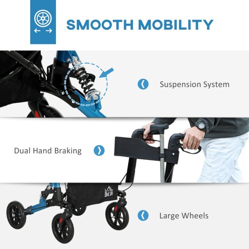 HOMCOM Folding Rollator Walker with Seat, Backrest, Lightweight Walking Frame with Storage Bag, Dual Brakes, Adjustable Handle Height, Suspension System, 4 Wheeled Walker for Seniors