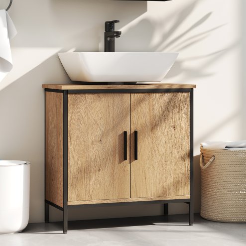 HOMCOM Under Sink Bathroom Cabinet, Industrial Freestanding Under Sink Cabinet with 2 Doors, Adjustable Shelf and Steel Frame for Basin without or with Pedestal, Oak