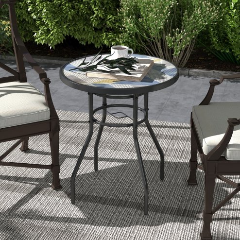 Outsunny 60 cm Garden Round Coffee Table,  Outdoor Side Table with Tempered Glass Printed Table Top and Foot Pads for Porch, Balcony, Multicolour