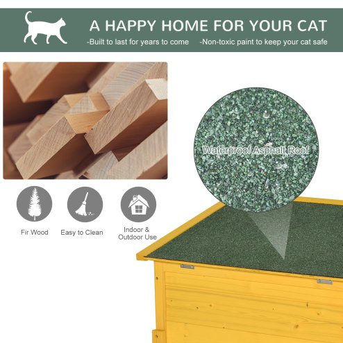 Pawhut Garden Wooden Cat House Outdoor Pet Play Home Waterproof Roof Kitty Shelter Kennel w/ith Door & Window