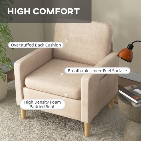 HOMCOM One Seater Sofa for Living Room, Modern Fabric Armchair with Wood Legs and 2 Pockets, Accent Chair for Bedroom and Home Office