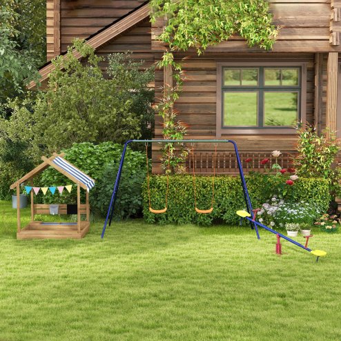 Outsunny Sand Pit Wooden Sandpit Kids Sandbox House for Outdoors, Gardens with Canopy, Liner, Blackboard, Sink, Seats, Flags, for Ages 3-7 Years - Brown