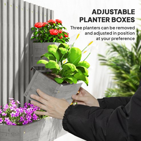 Outsunny Wall-mounted Wooden Garden Planters with Trellis, Drainage Holes and 3 Movable Planter Boxes, Wall Raised Garden Bed for Patio, Grey