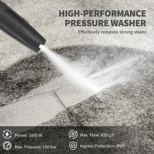 Outsunny 1800W High Pressure Washer, 150 Bar Pressure, 420 L/h Flow, Portable Electric Power Washer Jet Wash Cleaner with Adjustable Nozzle, 6M Hose, Steel Handle for Home Patio Car Driveway, Green