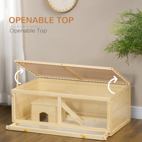 PawHut Wooden Hamster Cage, Small Animal Cage with Sliding Tray, Openable Top, Hut, Exercise Play House for Syrian Hamsters, Natural Wood Finish