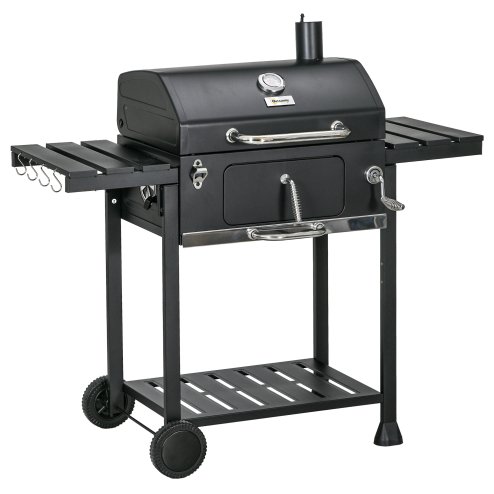 Outsunny Charcoal Barbecue Grill Trolley with Adjustable Charcoal Pan, Galvanised Steel Smoker BBQ Grill with Storage Shelves, Lid, Themometer, Bottle Opener and Wheels, Black