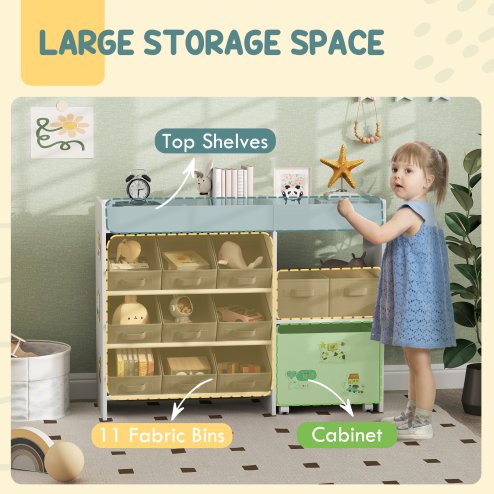 AIYAPLAY Kids Toy Storage Unit, Children Toy Box Organiser with 11 Fabric Bins, Cabinet, Top Shelves, 3 Stickers, Kids Storage Unit Bookshelf for Nursery, Playroom, Kindergarten, White