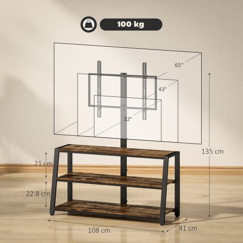 HOMCOM TV Stand Cabinet with Swivel Bracket for 32 - 65 Inch TVs, Industrial TV Cabinet with Open Shelves, Cable Management, Trapezoid-Shaped Steel Frame for Living Room, Bedroom, Rustic Brown