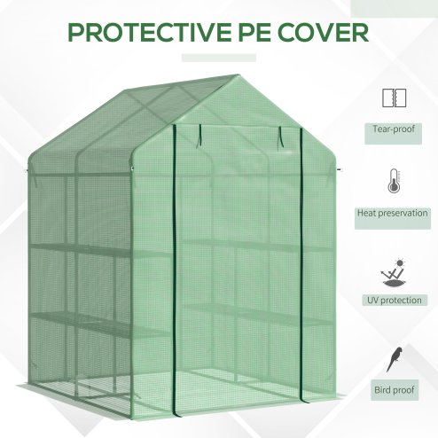 Outsunny Walk in Greenhouse with Shelves Steeple Green House for Garden Grow House Removable Cover 143x138x190cm, Green
