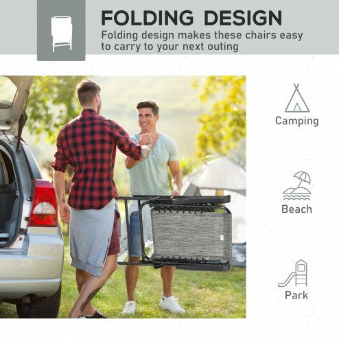 Outsunny Set of 2 Patio Folding Chair Set, Garden Portable Outdoor Chairs with Armrest and Breathable Mesh Fabric Seat and Backrest, for Camping, Beach, Deck, Lawn, Grey