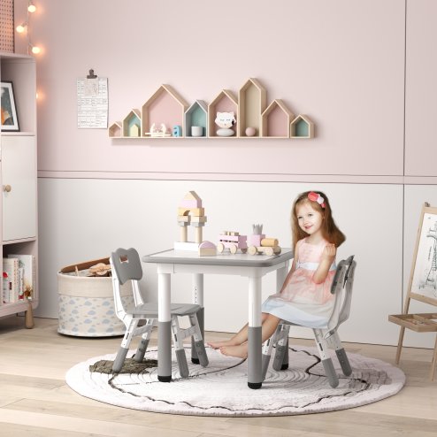 AIYAPLAY Kids Table and Chair Set, 3 Pcs Height Adjustable Activity Table Set with 2 Chairs, Easy to Wipe Arts & Crafts Table, for Classrooms, Daycares, Homes - Grey
