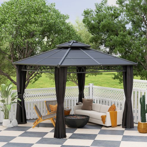 Outsunny 3 x 3 (m) Outdoor Polycarbonate Gazebo, Double Roof Hard Top Gazebo with Galvanised Steel Frame, Nettings& Curtains for Garden, Lawn, Patio and Deck, Dark Grey