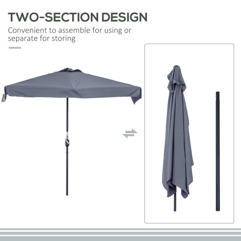Outsunny 2.3m Half Parasol Semi Round Umbrella Patio Metal Frame Crank Handle for Balcony-- NO BASE INCLUDED, Grey
