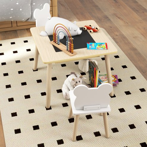 AIYAPLAY 3-Piece Kids Table and Chairs Set, Toddler Table and Chair Set with Bear-Shaped Backrest, Convertible Desk, Storage Grid for Nursery, Classroom, Playroom, Natural Wood